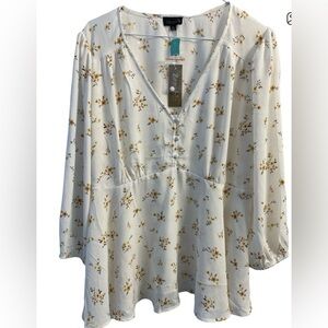 Zenobia Boho Peasant V-Neck White Floral Baby Doll Blouse 3/4 Sleeve Size 1XL